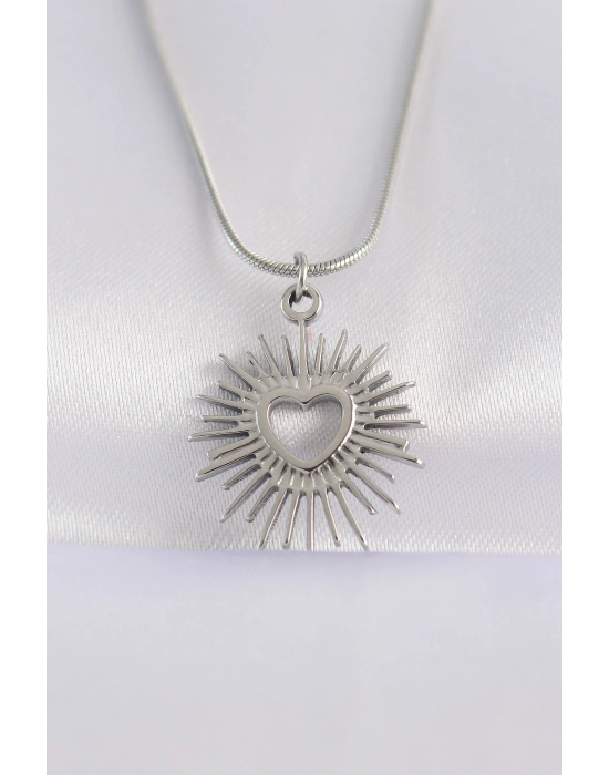 316L Çelik Zincir Gümüş Renk Kalp Güneşi Tasarımlı Kolye