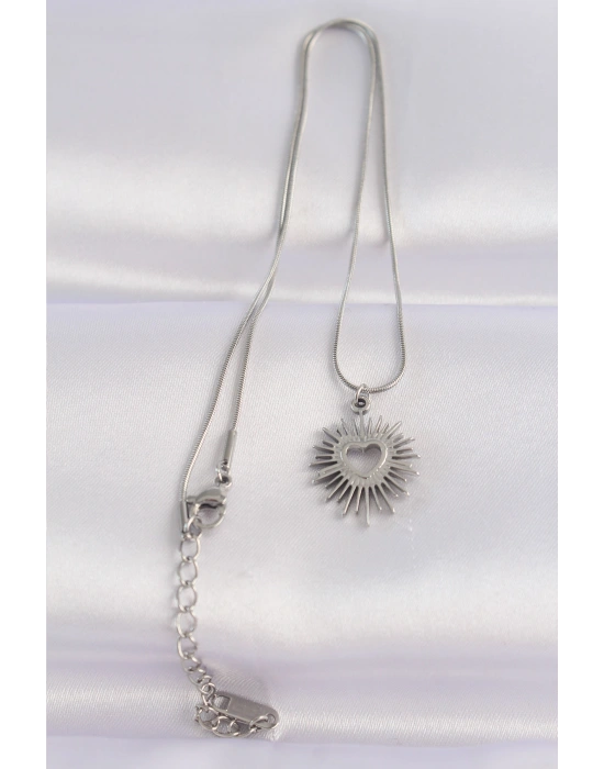 316L Çelik Zincir Gümüş Renk Kalp Güneşi Tasarımlı Kolye