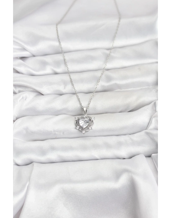 316L Çelik Zincir Gümüş Renk Kalp Model Zirkon Taşlı Kadın Kolye