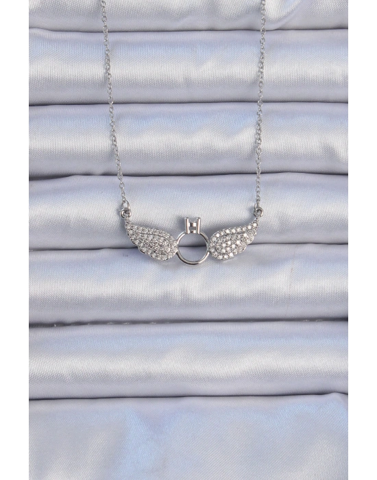 316L Çelik Zincir Gümüş Renk Kanatlı Tektaş Kolye