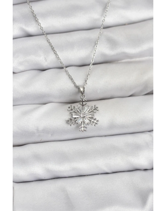 316L Çelik Zincir Gümüş Renk Kar Tanesi Model Zirkon Taşlı Kadın Kolye