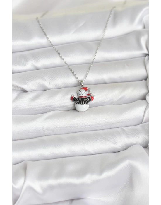 316L Çelik Zincir Gümüş Renk Kardan Adam Figürlü Yılbaşı Temalı Kadın Kolye