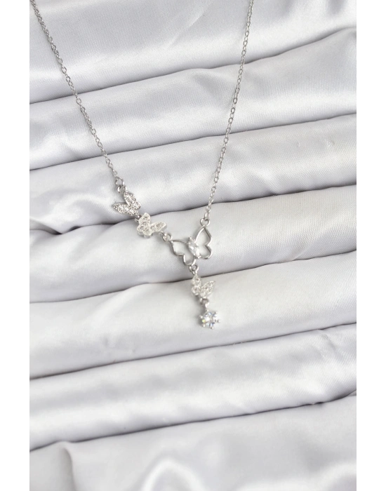 316L Çelik Zincir Gümüş Renk Kelebek Model Kadın Kolye