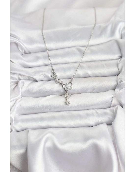 316L Çelik Zincir Gümüş Renk Kelebek Model Kadın Kolye