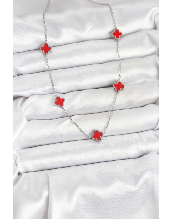 316L Çelik Zincir Gümüş Renk Kırmızı Baby Boy Yonca Kadın Kolye