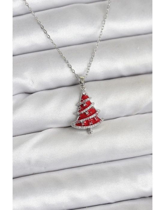 316L Çelik Zincir Gümüş Renk Kırmızı Çam Ağacı Model Yılbaşı Temalı Kadın Kolye