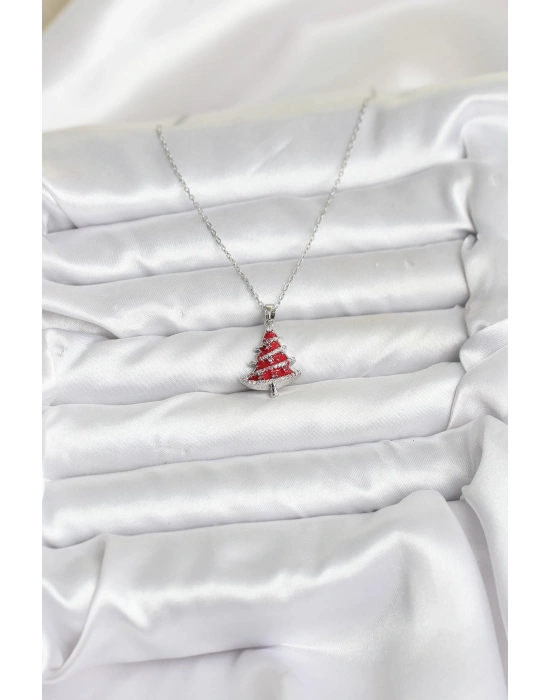 316L Çelik Zincir Gümüş Renk Kırmızı Çam Ağacı Model Yılbaşı Temalı Kadın Kolye