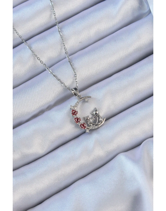 316L Çelik Zincir Gümüş Renk Kırmızı Gül Detay Kedi Figür Zirkon Taşlı Ay Kolye
