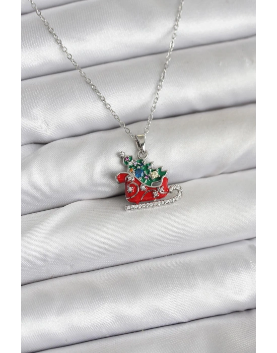 316L Çelik Zincir Gümüş Renk Kızak ve Çam Ağacı Figürlü Yılbaşı Temalı Kadın Kolye