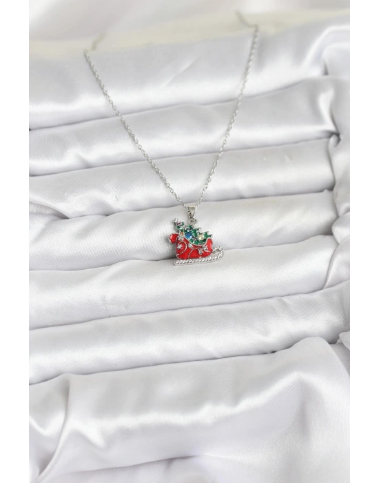 316L Çelik Zincir Gümüş Renk Kızak ve Çam Ağacı Figürlü Yılbaşı Temalı Kadın Kolye