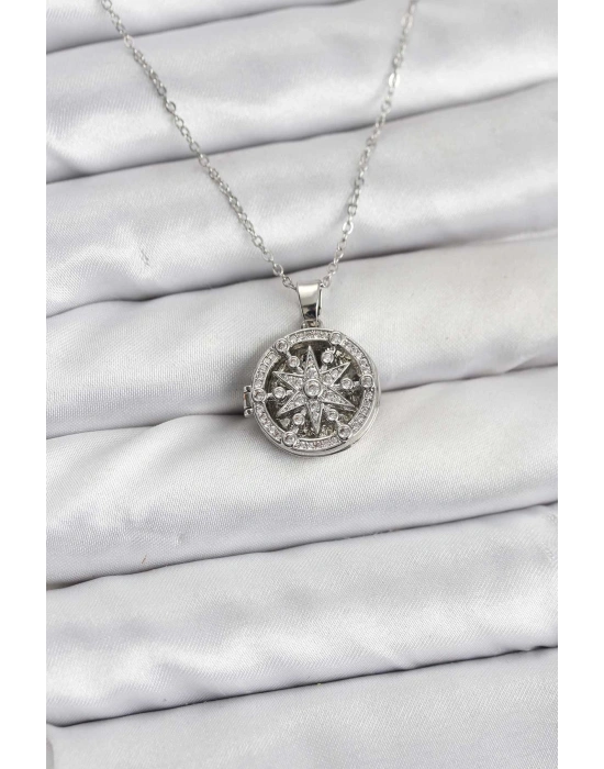 316L Çelik Zincir Gümüş Renk Kutup Yıldızı Kapaklı Model Kadın Kolye