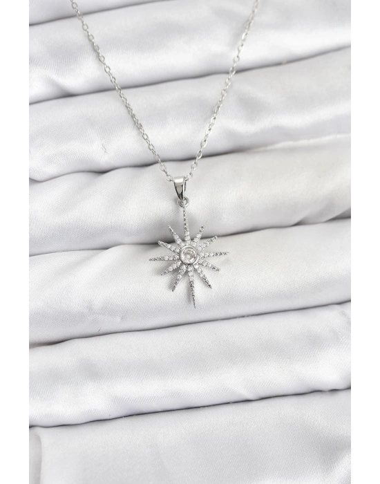 316L Çelik Zincir Gümüş Renk Kutup Yıldızı Model Zirkon Taşlı Kadın Kolye