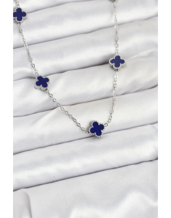 316L Çelik Zincir Gümüş Renk Lacivert Baby Boy Yonca Kadın Kolye