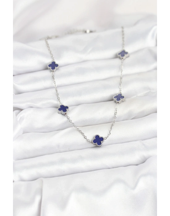 316L Çelik Zincir Gümüş Renk Lacivert Baby Boy Yonca Kadın Kolye