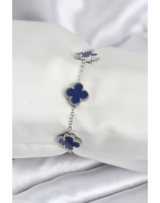 316L Çelik Zincir Gümüş Renk Lacivert Yonca Kadın Bileklik