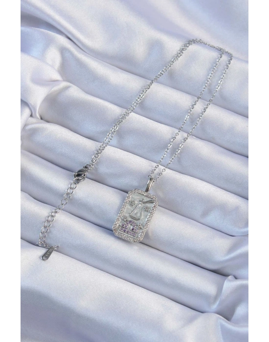 316L Çelik Zincir Gümüş Renk Lila Zirkon Taşlı Tarot Kolye