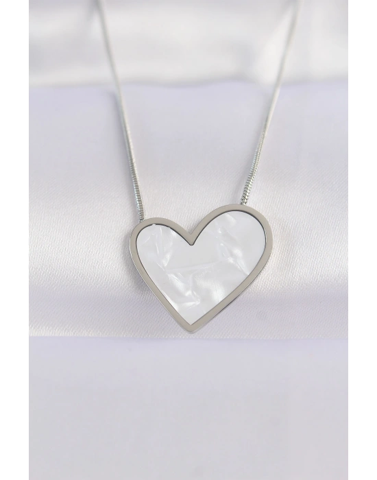 316L Çelik Zincir Gümüş Renk Mermer Desenli Kalp Kolye
