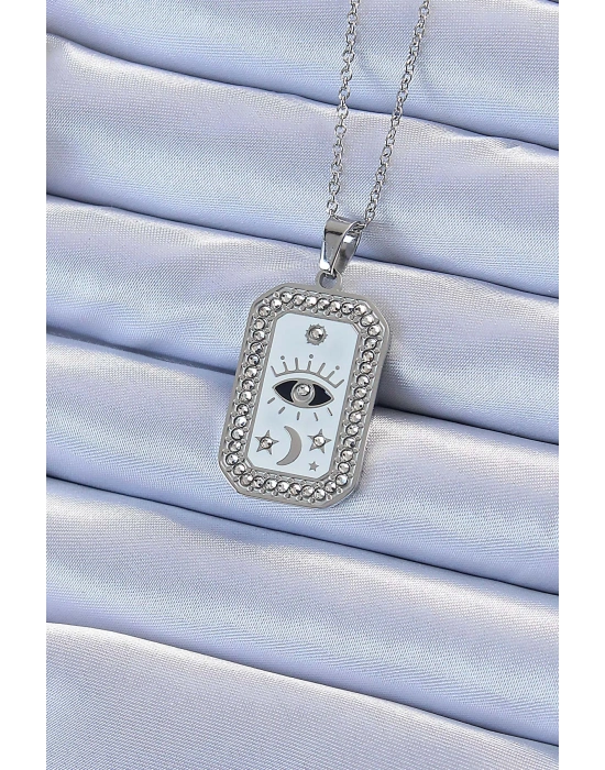 316L Çelik Zincir Gümüş Renk Mineli Zirkon Taşlı Göz Figür Tarot Kolye