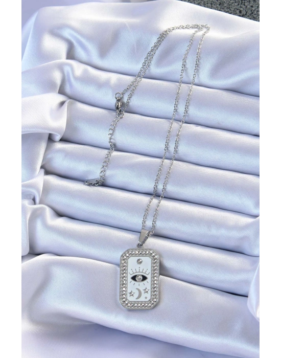 316L Çelik Zincir Gümüş Renk Mineli Zirkon Taşlı Göz Figür Tarot Kolye