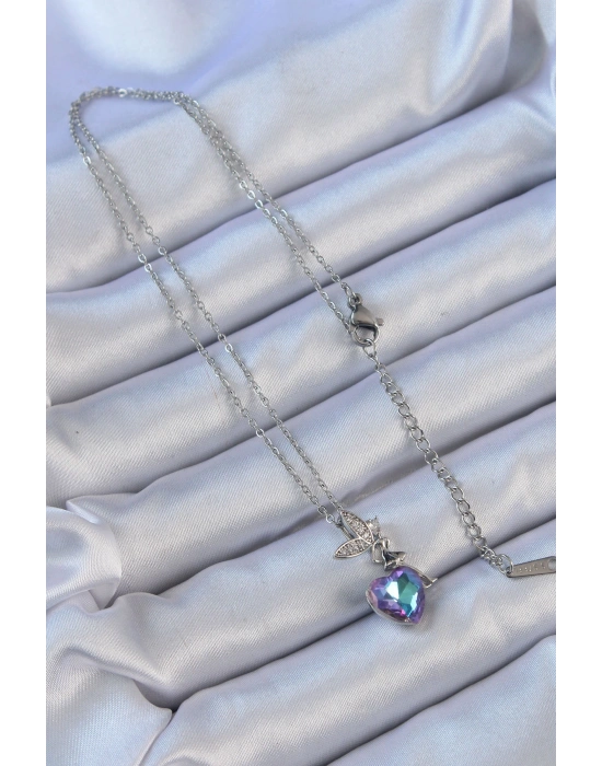 316L Çelik Zincir Gümüş Renk Mor Mavi Renk Zirkon Taşlı Kalp Detay Peri Kolye