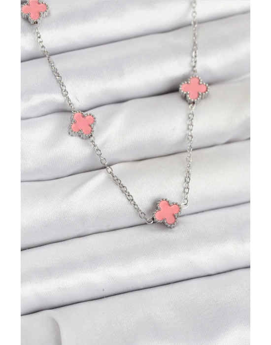 316L Çelik Zincir Gümüş Renk Pembe Baby Boy Yonca Kadın Kolye