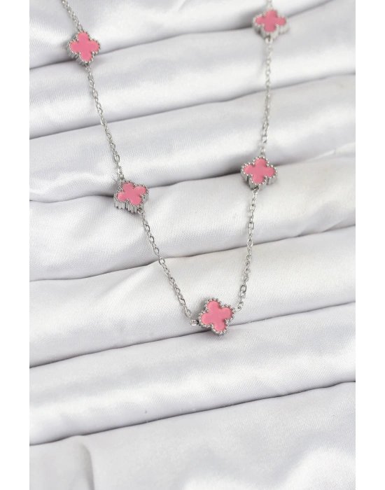 316L Çelik Zincir Gümüş Renk Pembe Baby Boy Yonca Kadın Kolye