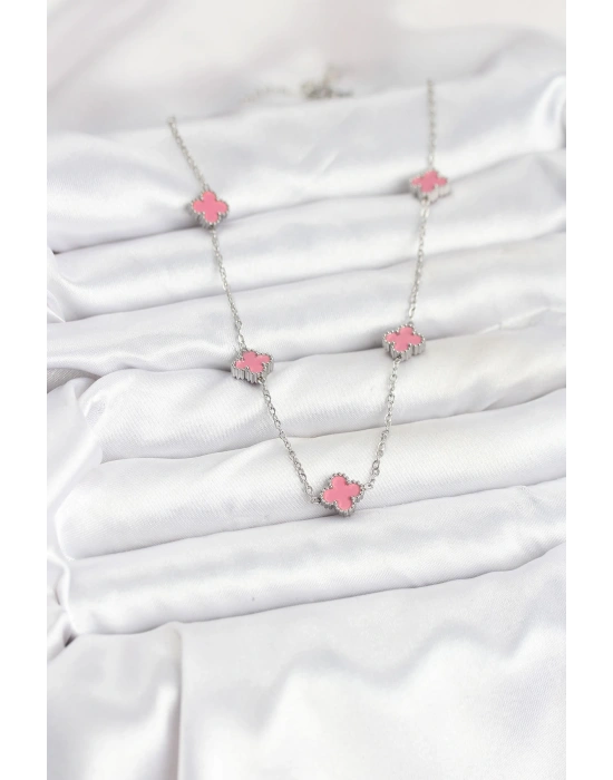 316L Çelik Zincir Gümüş Renk Pembe Baby Boy Yonca Kadın Kolye