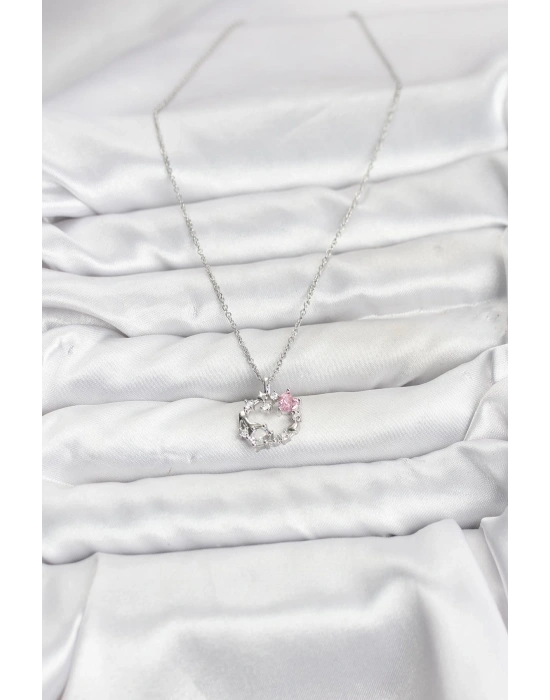 316L Çelik Zincir Gümüş Renk Pembe Taş Detaylı Çelenk Model Kadın Kolye