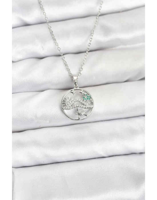 316L Çelik Zincir Gümüş Renk Şans Kolyesi Model Zirkon Taşlı Kadın Kolye