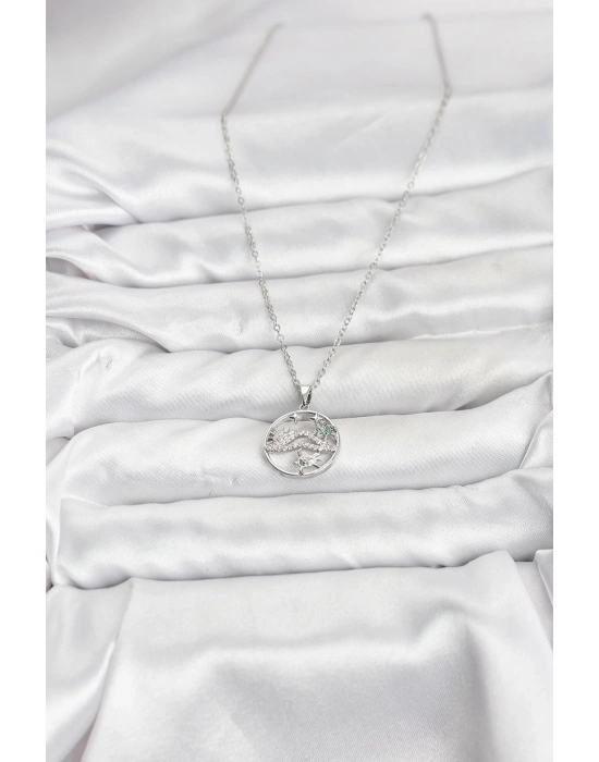 316L Çelik Zincir Gümüş Renk Şans Kolyesi Model Zirkon Taşlı Kadın Kolye