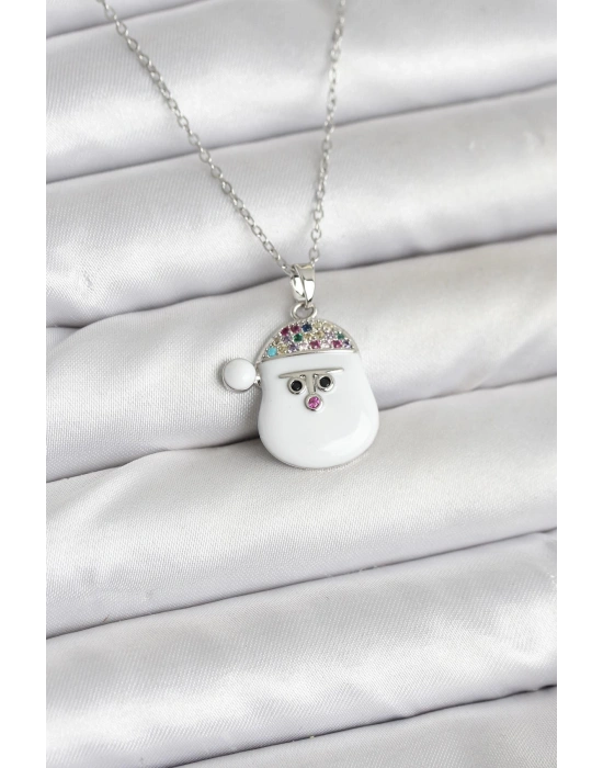 316L Çelik Zincir Gümüş Renk Şapkalı Kardan Adam Kafası Model Yılbaşı Temalı Kadın Kolye