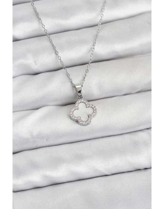 316L Çelik Zincir Gümüş Renk Sedefli Yonca Kadın Kolye