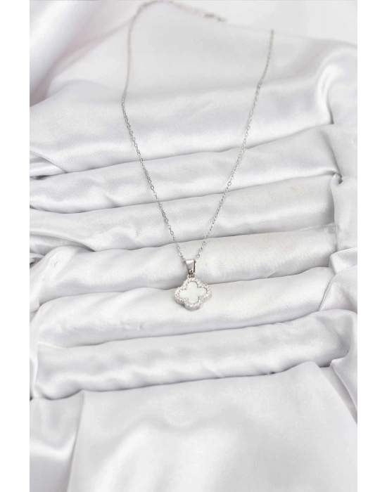 316L Çelik Zincir Gümüş Renk Sedefli Yonca Kadın Kolye