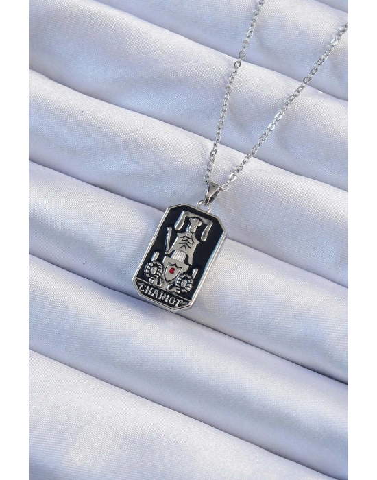 316L Çelik Zincir Gümüş Renk Siyah Mineli Tarot Kolye