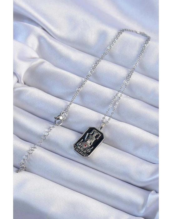 316L Çelik Zincir Gümüş Renk Siyah Mineli Tarot Kolye