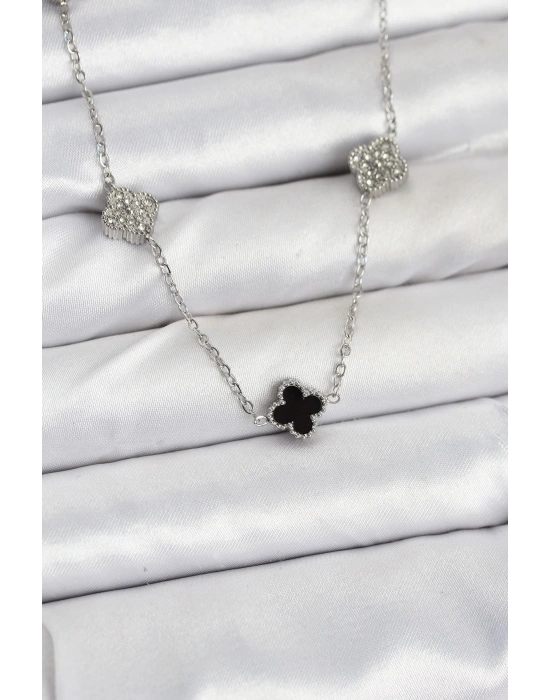 316L Çelik Zincir Gümüş Renk Siyah ve Zirkon Taşlı Baby Boy Yonca Kadın Kolye