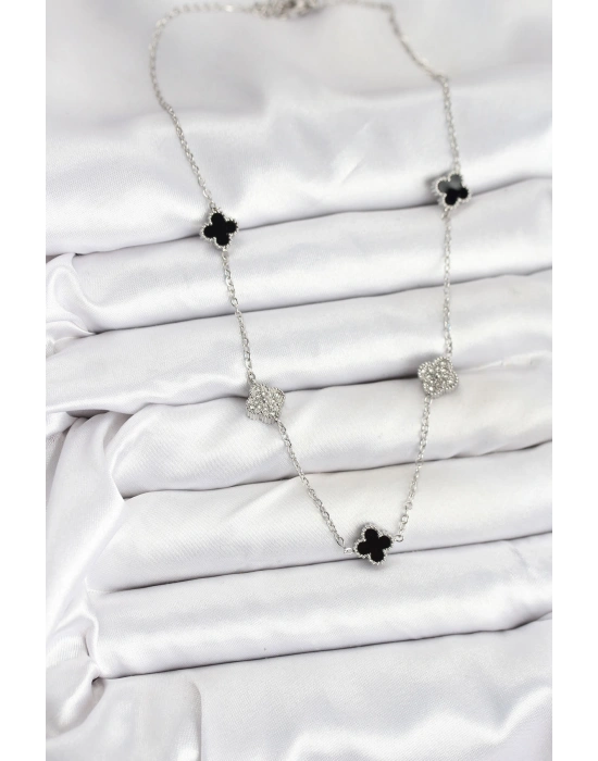 316L Çelik Zincir Gümüş Renk Siyah ve Zirkon Taşlı Baby Boy Yonca Kadın Kolye