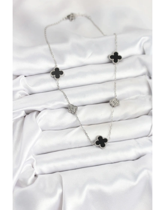 316L Çelik Zincir Gümüş Renk Siyah ve Zirkon Taşlı Yonca Kadın Kolye