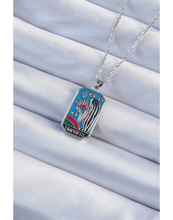 316L Çelik Zincir Gümüş Renk Taç ve Kız Figürlü Renkli Mineli Tarot Kolye