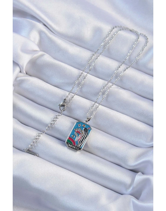 316L Çelik Zincir Gümüş Renk Taç ve Kız Figürlü Renkli Mineli Tarot Kolye