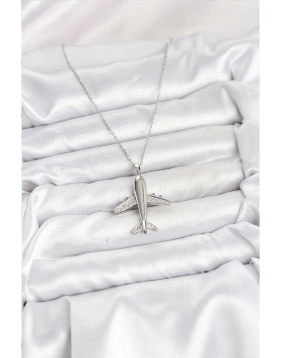 316L Çelik Zincir Gümüş Renk Uçak Model Kadın Kolye