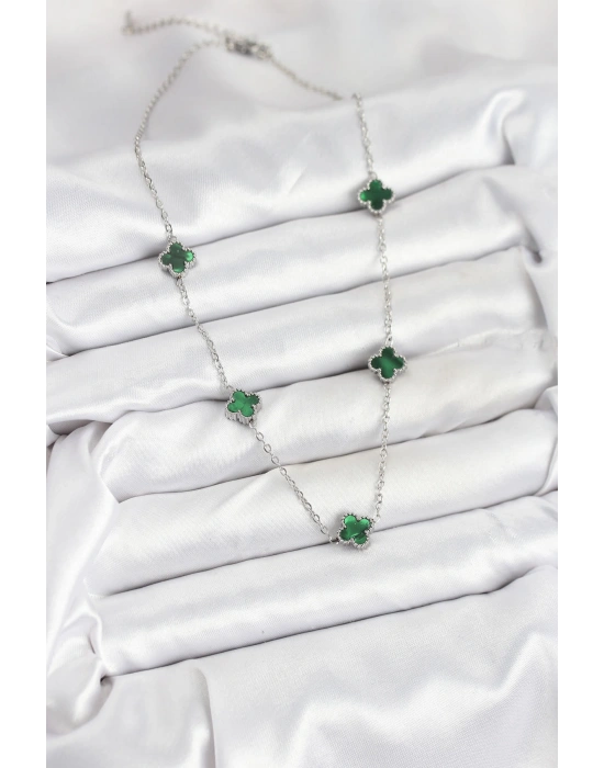 316L Çelik Zincir Gümüş Renk Yeşil Baby Boy Yonca Kadın Kolye