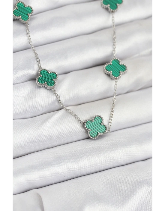 316L Çelik Zincir Gümüş Renk Yeşil Yonca Kadın Kolye