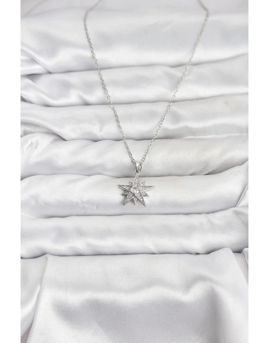 316L Çelik Zincir Gümüş Renk Yıldız Model Zirkon Taşlı Kadın Kolye