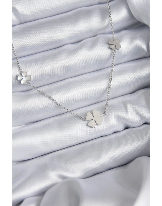 316L Çelik Zincir Gümüş Renk Yonca Model Kadın Kolye