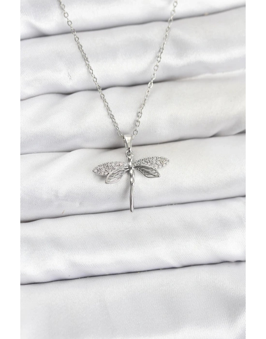 316L Çelik Zincir Gümüş Renk Yusufçuk Model Zirkon Taşlı Kadın Kolye