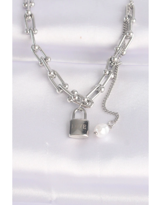 316L Çelik Zincir Gümüş Renk Zincirli Love Yazılı Kilit Kolye