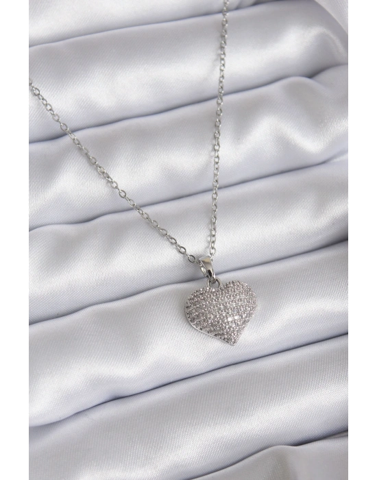 316L Çelik Zincir Gümüş Renk Zirkon Taş Detay Kalp Model Kadın Kolye