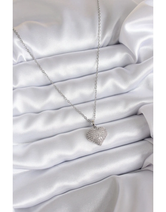 316L Çelik Zincir Gümüş Renk Zirkon Taş Detay Kalp Model Kadın Kolye