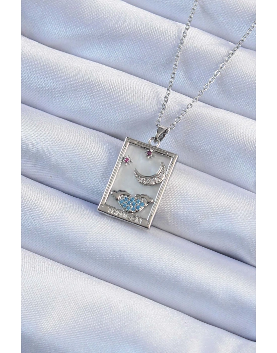 316L Çelik Zincir Gümüş Renk Zirkon Taşlı Ay Figürlü Tarot Kolye